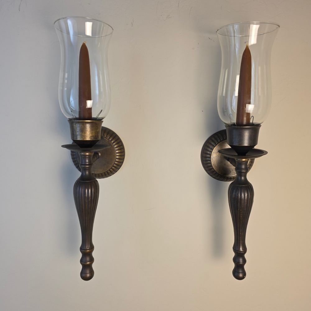 VTG Brass Wall Sconce Pair with Hurricane Glass Shades Dark Bronze Tone 16.75"